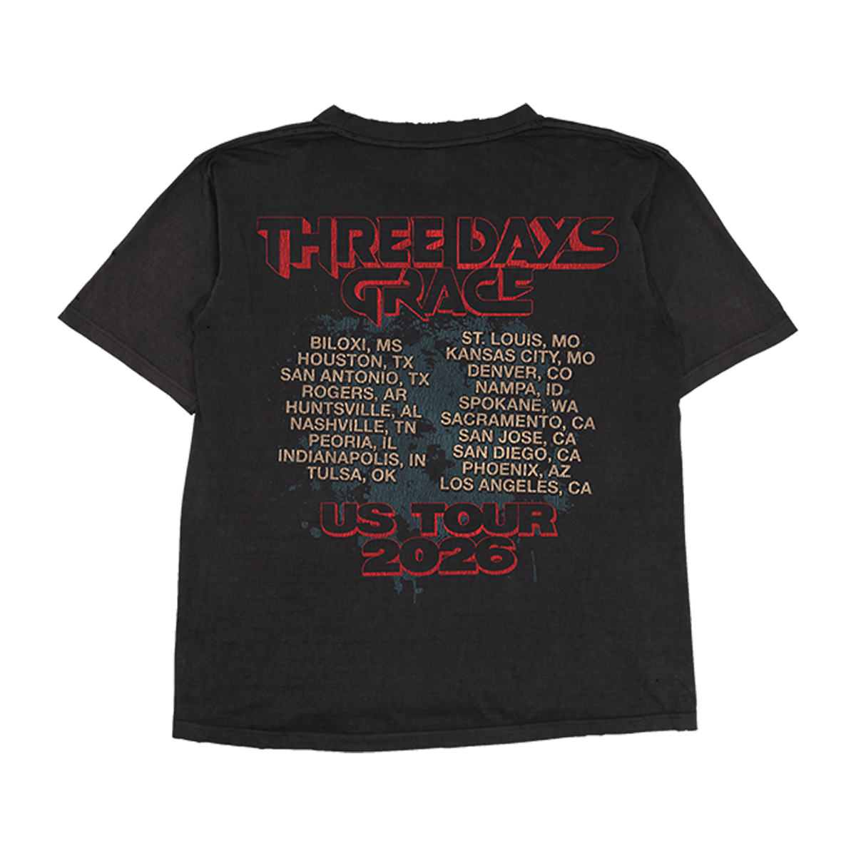 A black short-sleeve t-shirt shown from the back, featuring a large red and beige graphic print for 'Three Days Grace US Tour 2025' with city names across the back.