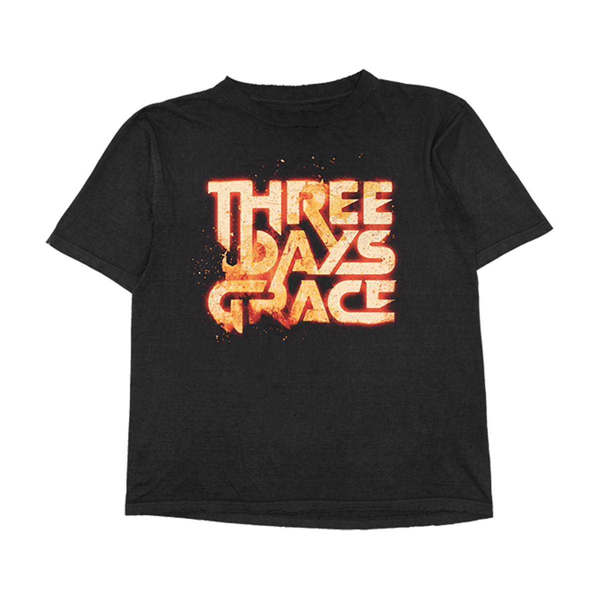 A black short-sleeve t-shirt featuring a large, stylized 'THREE DAYS OF GRACE' graphic printed on the chest in a fiery orange and yellow textured font, displayed against a solid white background.