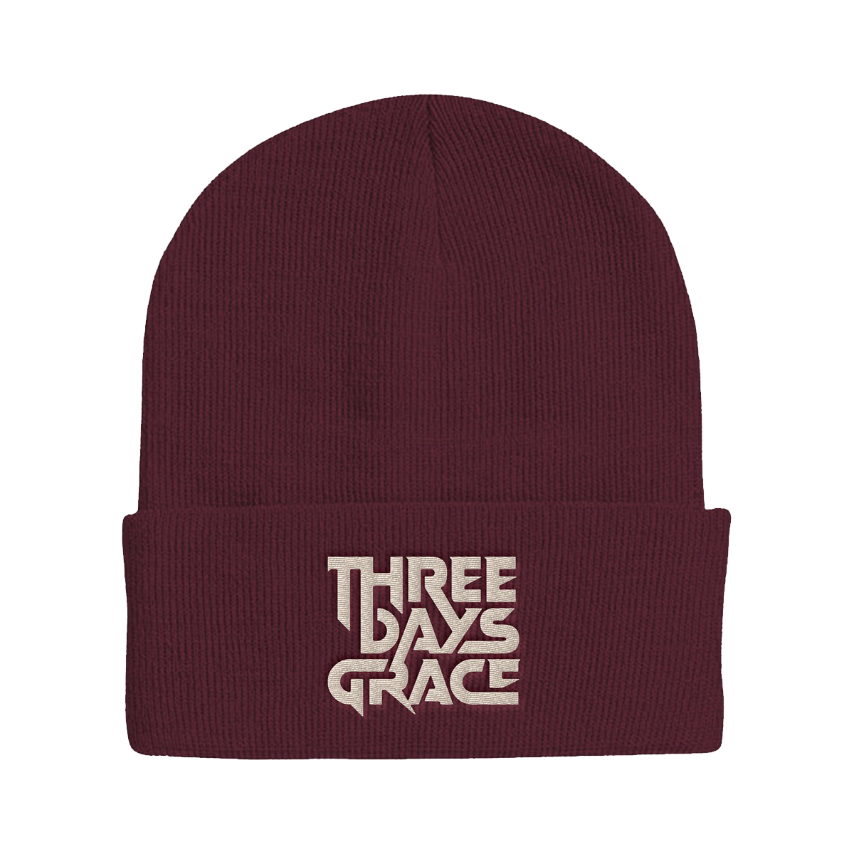 A ribbed knit cuffed beanie in deep burgundy with a light beige embroidered logo reading 'THREE DAYS GRACE' on the front cuff, shown against a plain white background.