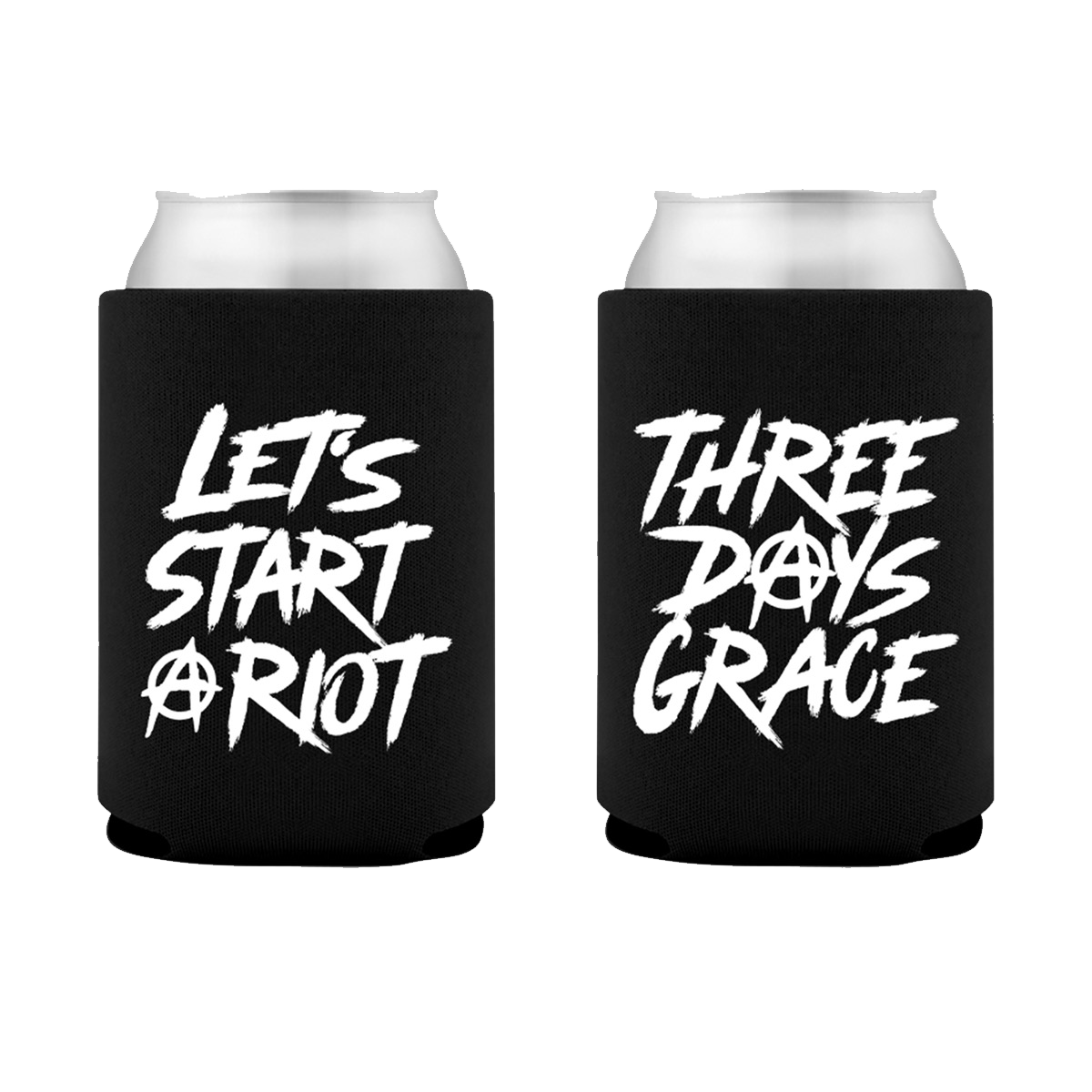 Two black can coolers on a white background, each holding a silver aluminum can. The left cooler reads 'LET'S START A RIOT' in white distressed lettering, and the right cooler reads 'THREE DAYS GRACE' in a similar white distressed font.