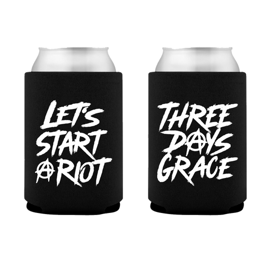 Two black can coolers on a white background, each holding a silver aluminum can. The left cooler reads 'LET'S START A RIOT' in white distressed lettering, and the right cooler reads 'THREE DAYS GRACE' in a similar white distressed font.