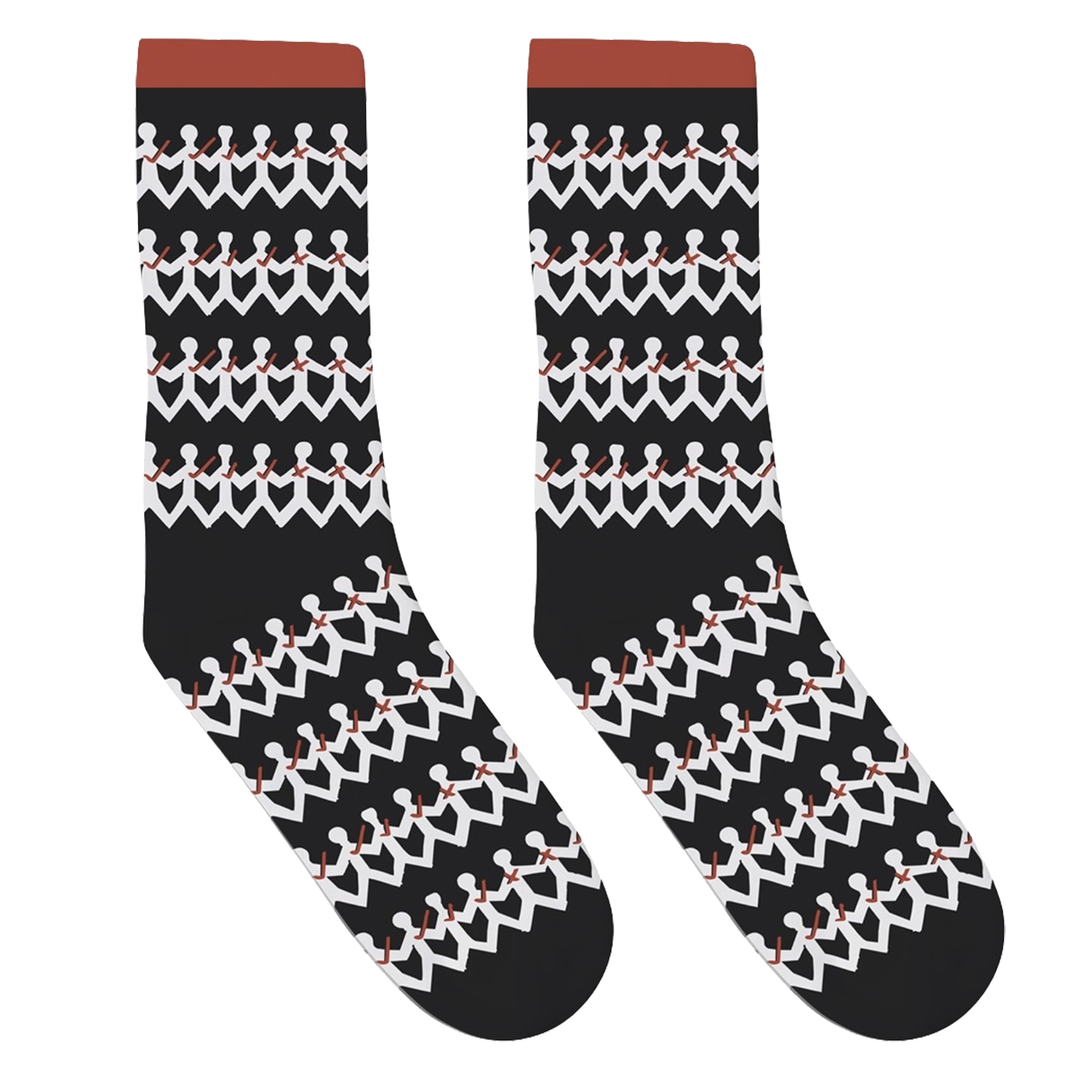 A pair of crew socks with a black base, featuring a repeating pattern of white hand-held lights figures and small red accents, with a solid reddish-brown cuff.