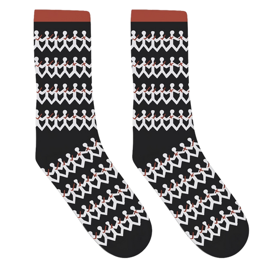 A pair of crew socks with a black base, featuring a repeating pattern of white hand-held lights figures and small red accents, with a solid reddish-brown cuff.