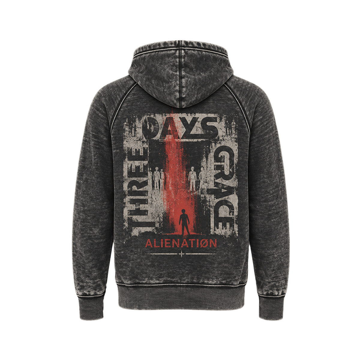 A dark gray acid-wash hoodie shown from the back, featuring a distressed graphic print with the words 'THREE DAYS', 'SEVEN DAYS', and 'ALIENATION' in black and red.