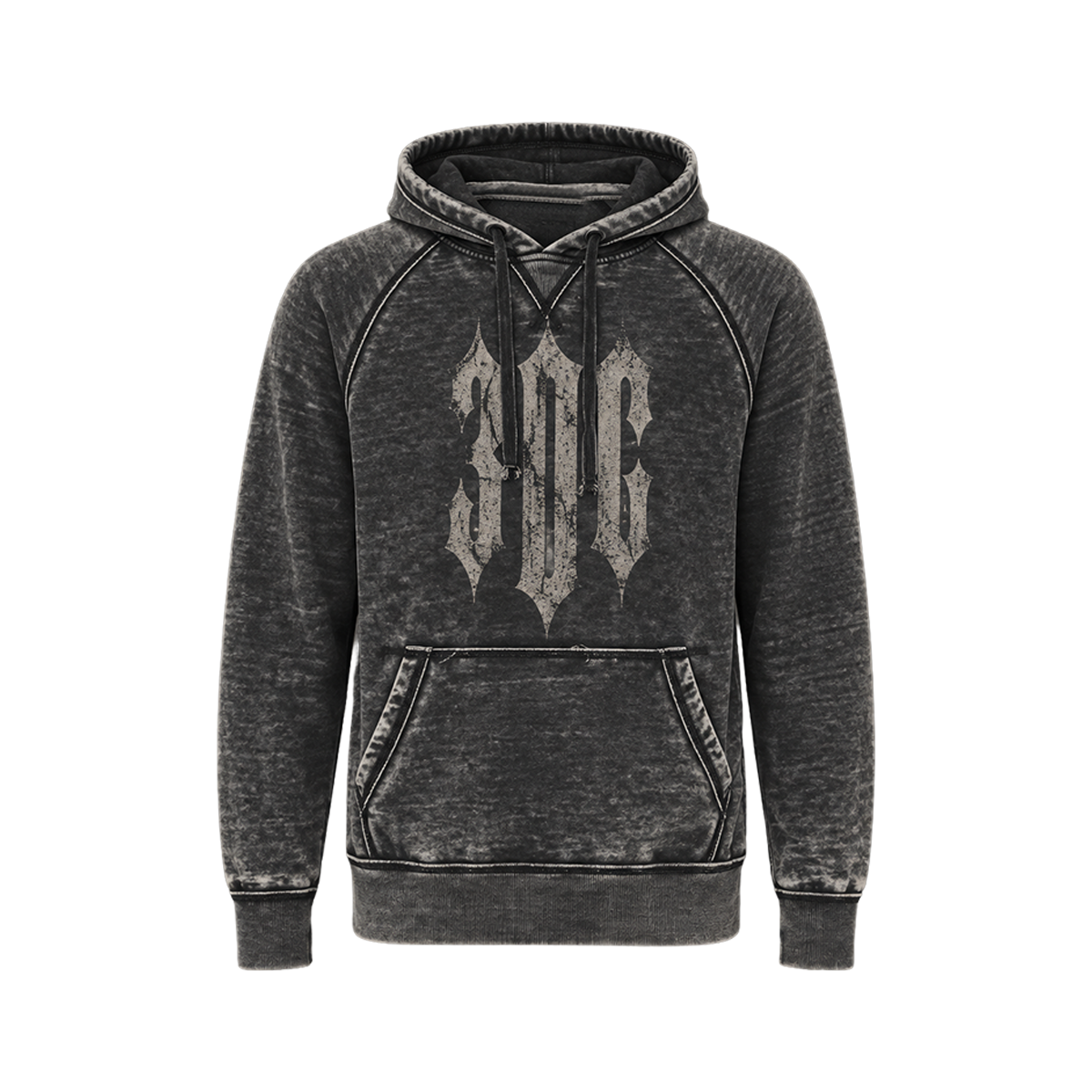 A dark gray acid-wash pullover hoodie with a distressed light gray gothic 'SOC' graphic printed on the chest, shown against a plain white background.
