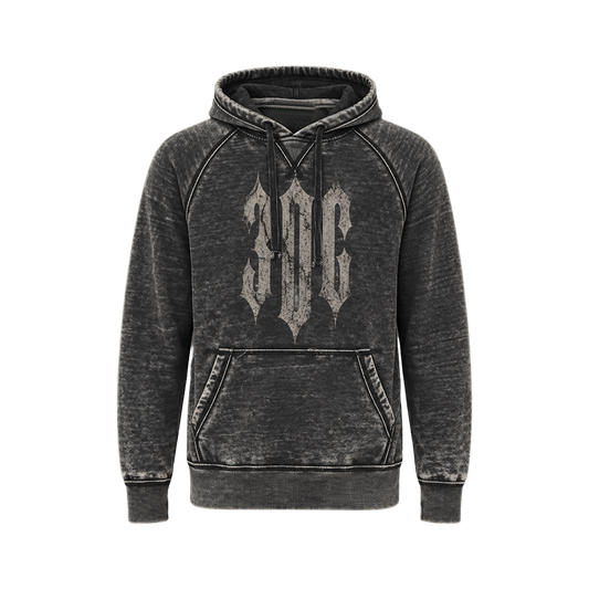 A dark gray acid-wash pullover hoodie with a distressed light gray gothic 'SOC' graphic printed on the chest, shown against a plain white background.